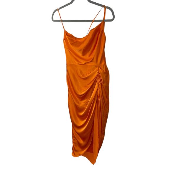 Amanda Uprichard Jasalina Dress Satin 100% Silk Ruched Side Slit Orange Size S - Picture 5 of 10
